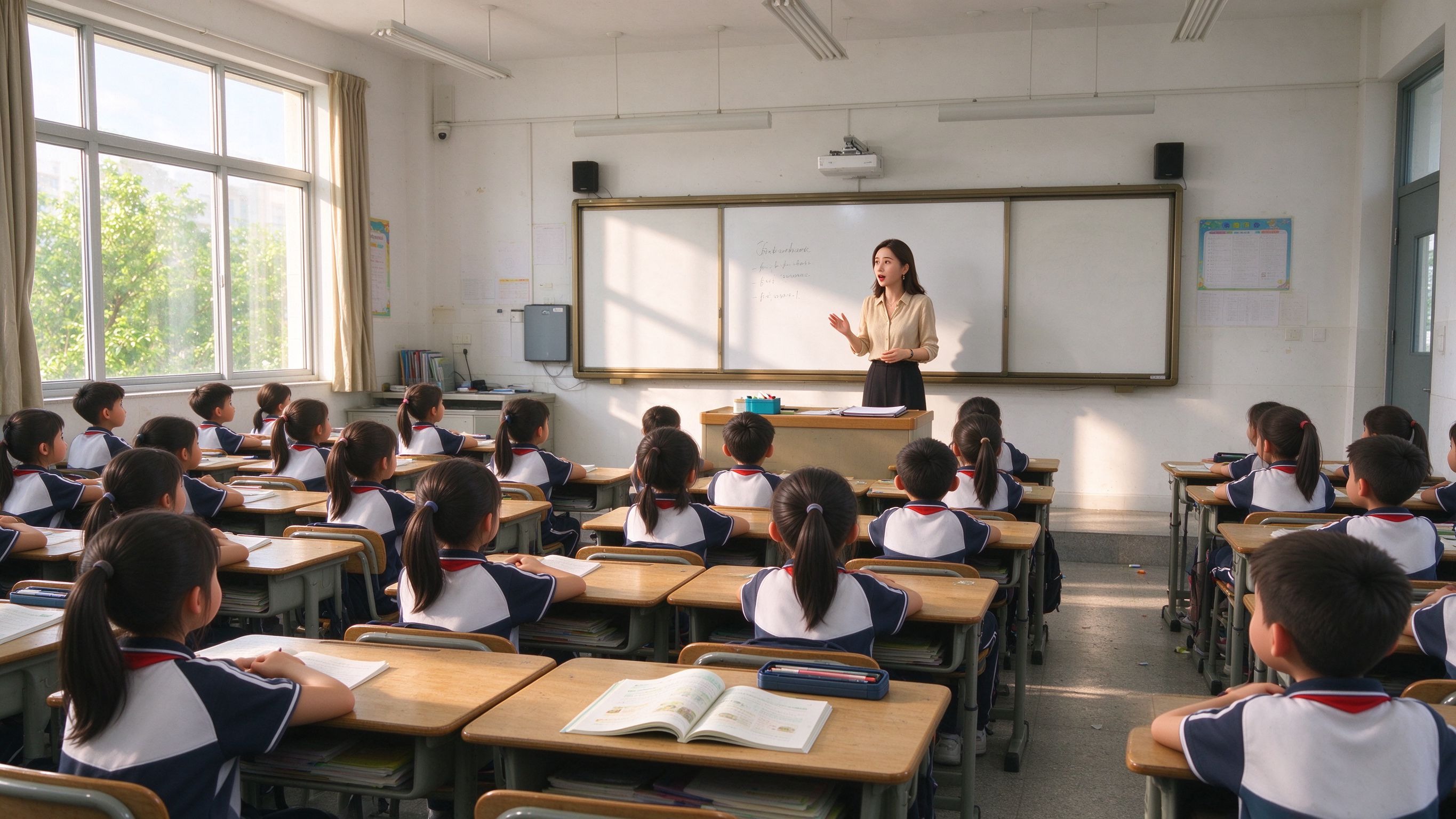 明亮的教室里老师正在讲课，学生坐在课桌前听讲