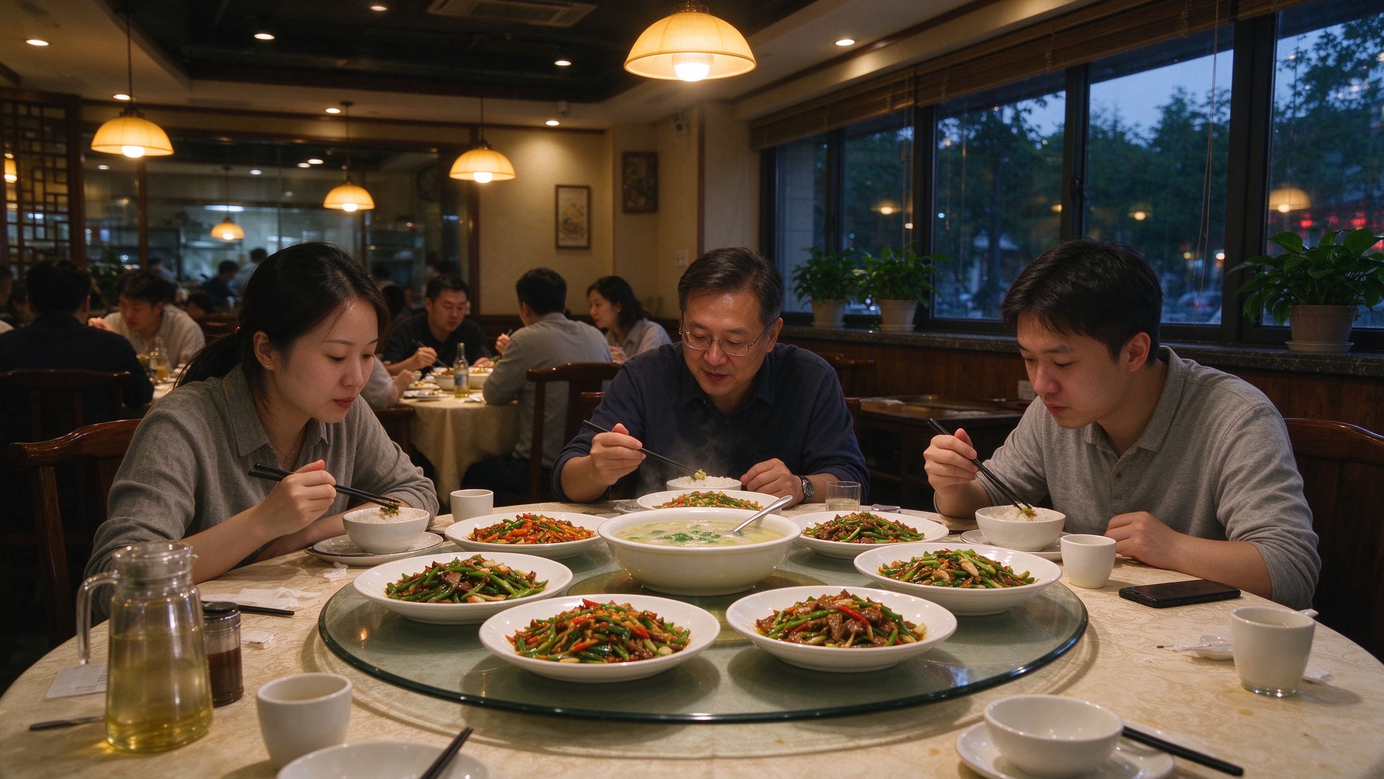 中式餐厅餐桌上摆满炒菜，食客围坐用餐的实景