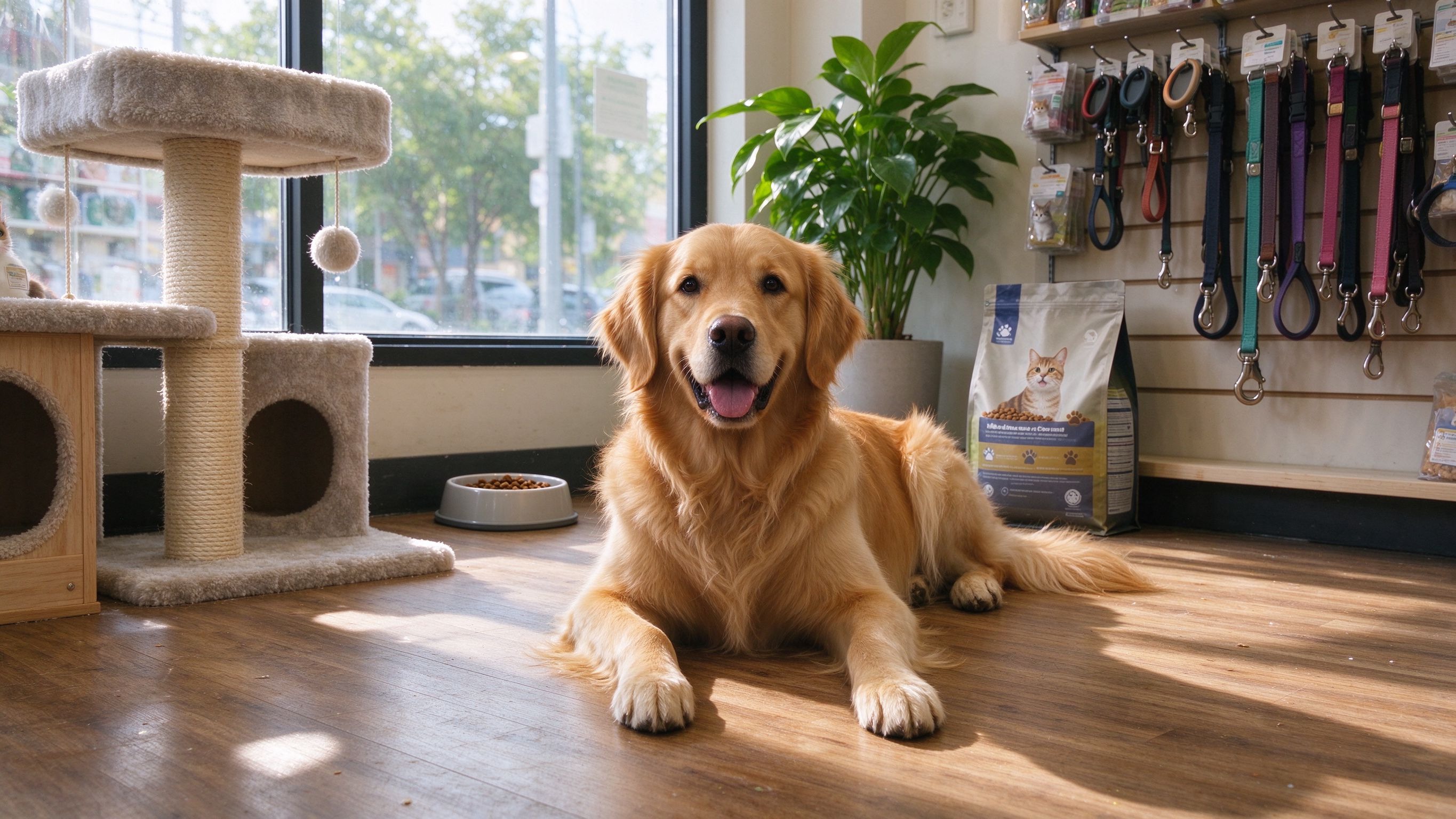 温馨宠物店内金毛犬实景